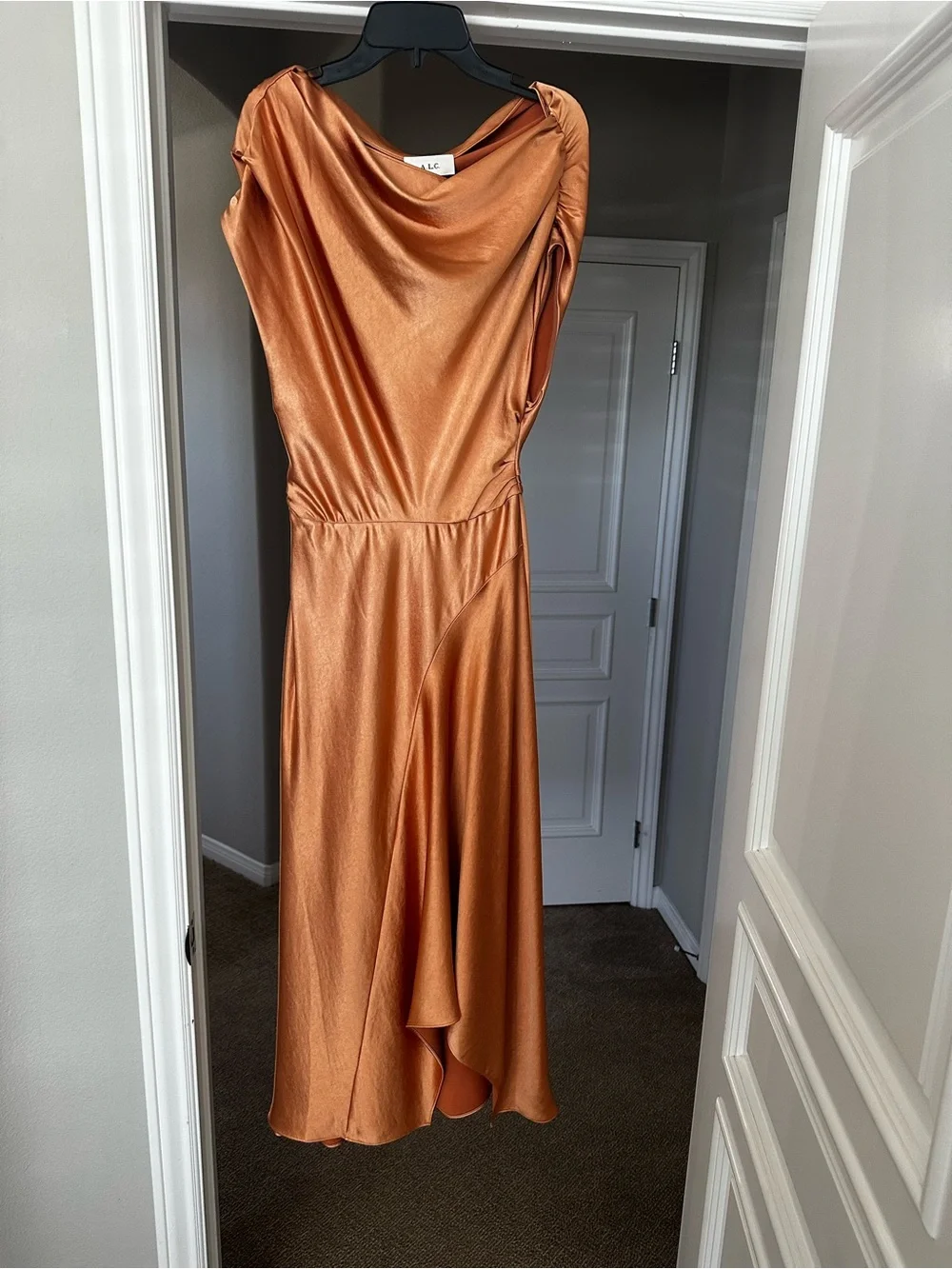 A.L.C. One-Shoulder Satin Dress in Copper - Picture 6 of 10